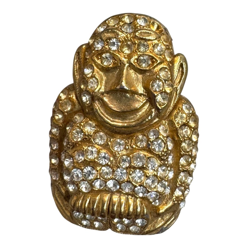 Vintage Ora Rhinestone Buddha Brooch Pin Gold Tone Jewelry Rhinestone Read